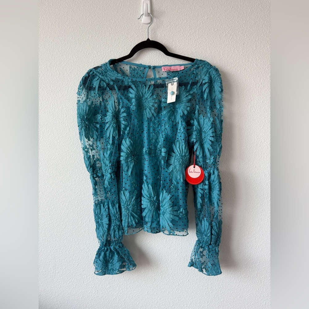 Antropologie NWT Eva Franco Turquoise Lace Floral Ruffle
Blouse Shirt - Picture 3 of 8